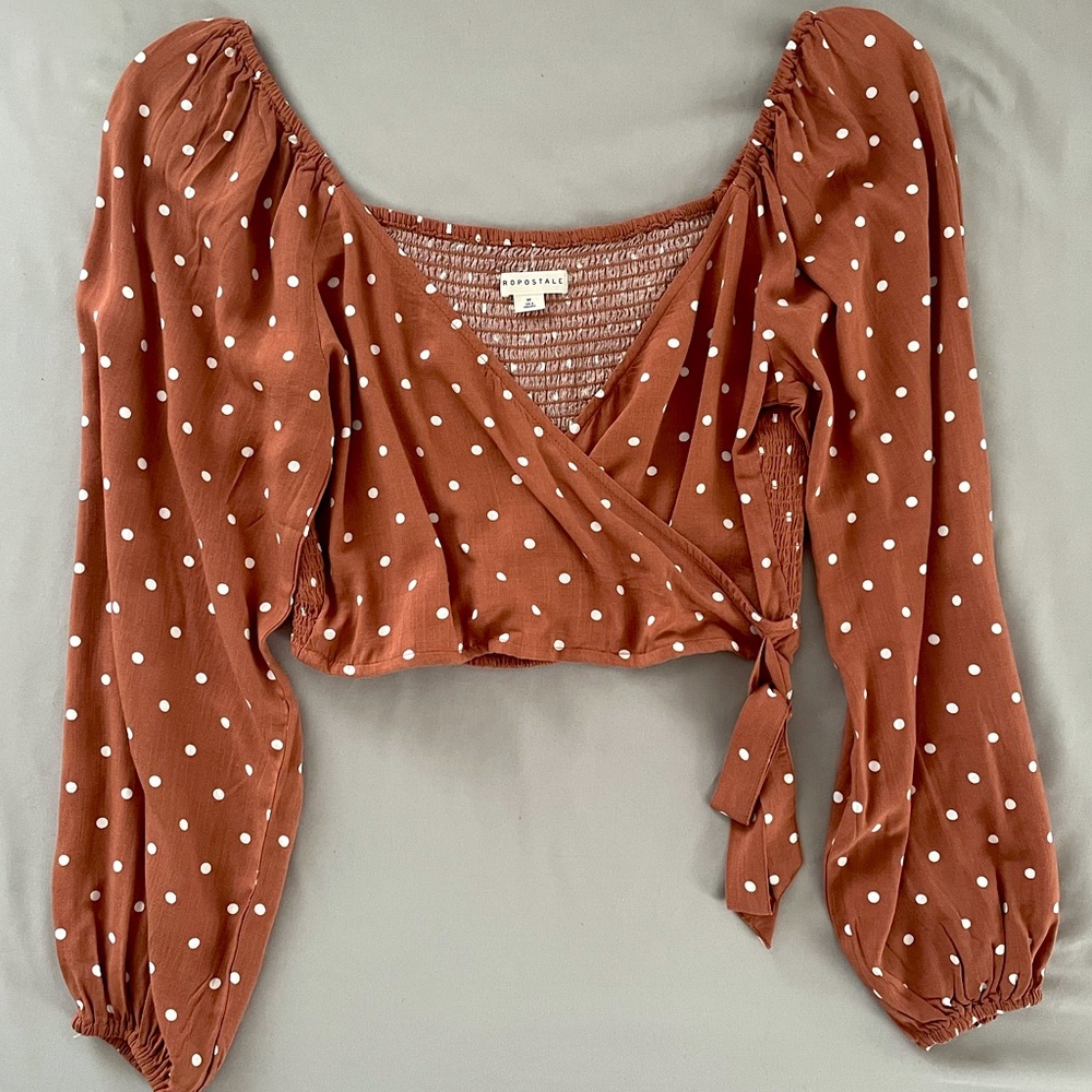 Aeropostale Long Puff Sleeve Front Tie Crop Top